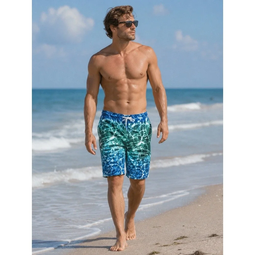Ocean Coast Advantage Summer Green Blue White Graphic Board Shorts XL 38x10
